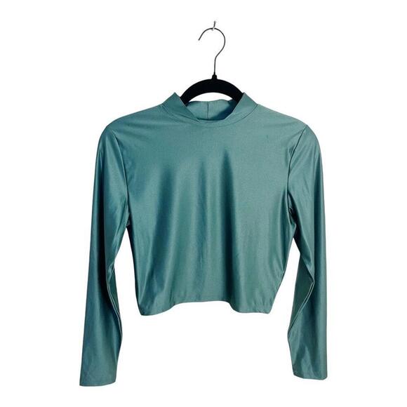 Wild Fable Mock Neck Crop Blouse LS Green Size M New Stretch - Picture 1 of 9
